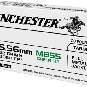 Winchester USA 5.56x45mm NATO 62 grain Green Tip (M855) Full Metal Jacket Boat Tail (FMJBT) Brass Centerfire Rifle Ammunition 500RDS
